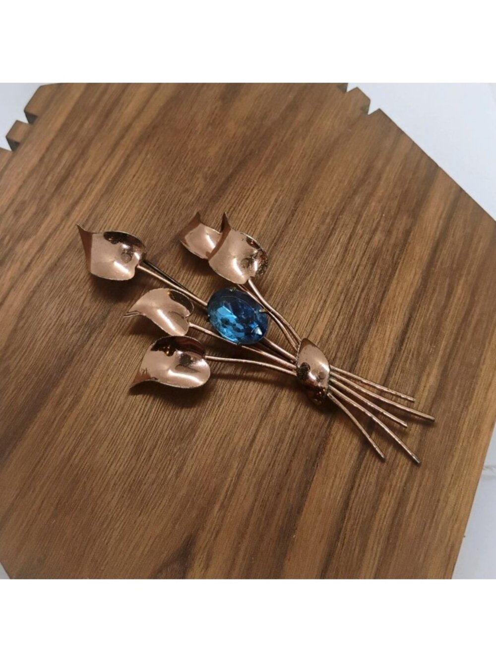 Vtg Sterling by Jordan Gold Vermeil w/Blue Rhinestone Leaf Bouquet Brooch Large - Picture 3 of 6